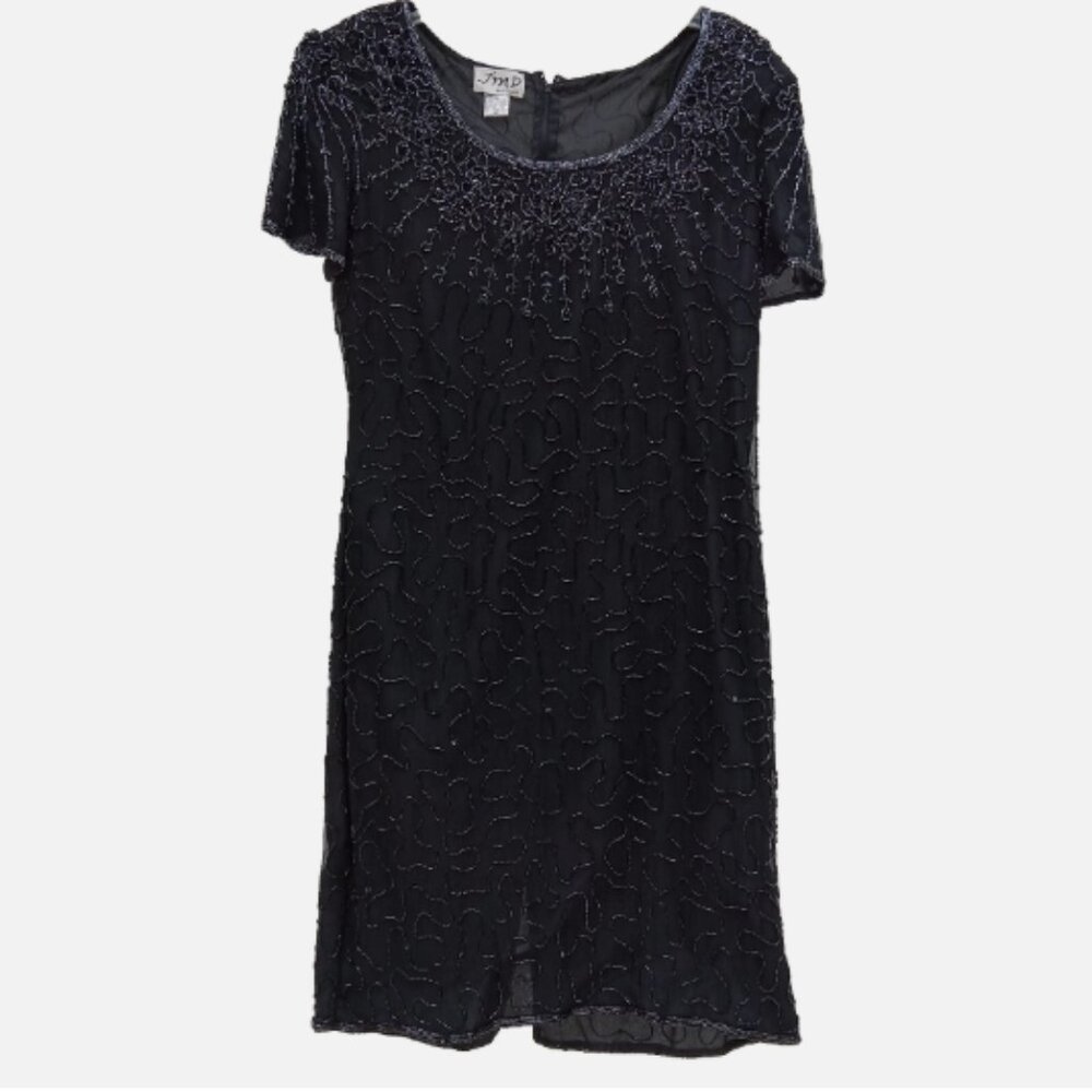 JMD New York Formal Dress XL Black Beaded Sequined 100% Silk Womens New Years